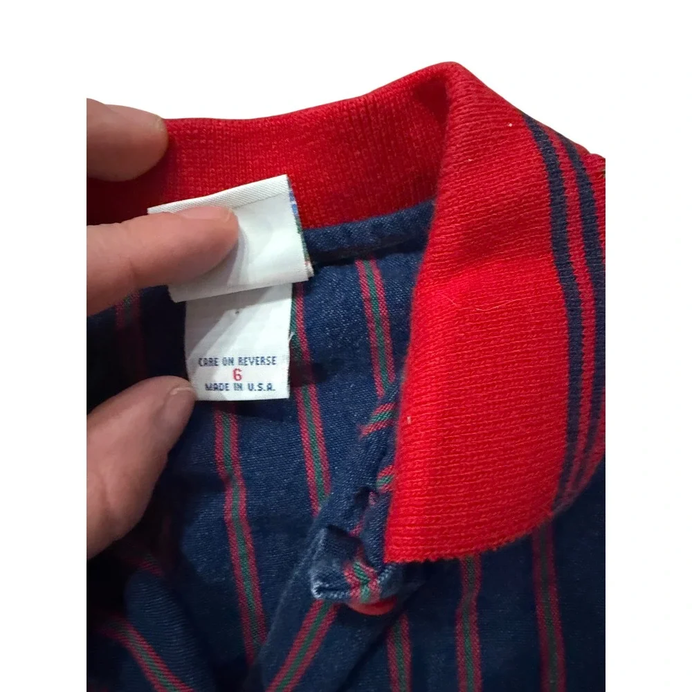 Vintage OshKosh B'Gosh Girls 6 Navy Blue Red Floral Striped Denim Dress USA Made